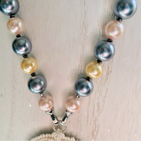 DANLENA Long Beaded Pearl Silver Necklace Earring Set Leather Handmade N… - Picture 4 of 7